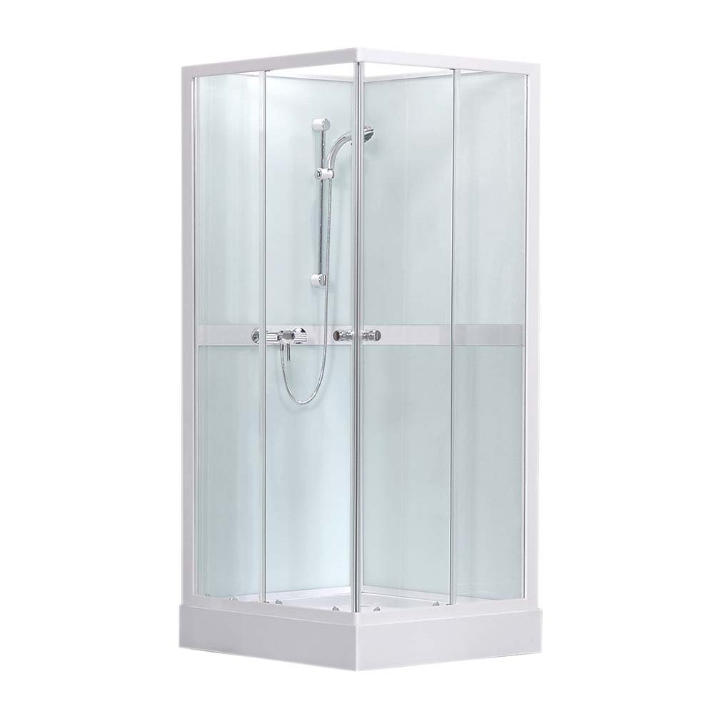 dušas kabīne Simple Square, 900x900 mm, h=2050, komplektā paliktnis, sifons un maisītājs, balts/caurspīdīgs stikls (3 daļas)